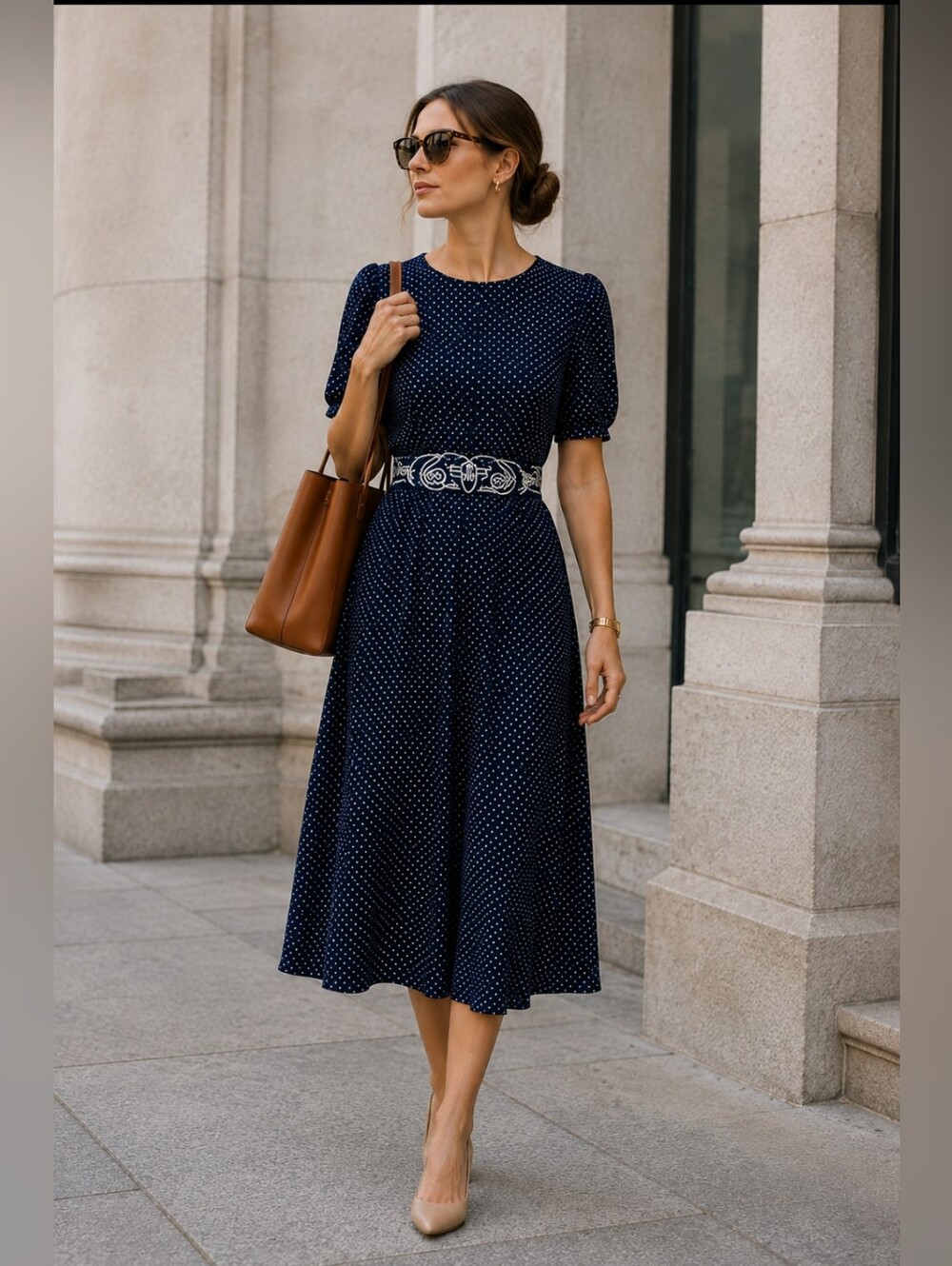 Vintage SL Fashions Size 6 Midi Dress Pleat Navy White Polka Dot Round Neck